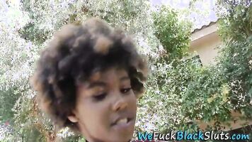Stockings clad ebony babe sucks white shlong