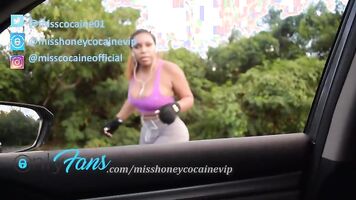 Big Ass Brunette Stops Her Run and Cums in stranger's Car - Driver Records Her Creamy Pussy closely