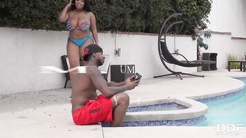 Ebony-skinned bikini babe Ms Yummy's juicy ass-ets hang out and banged out